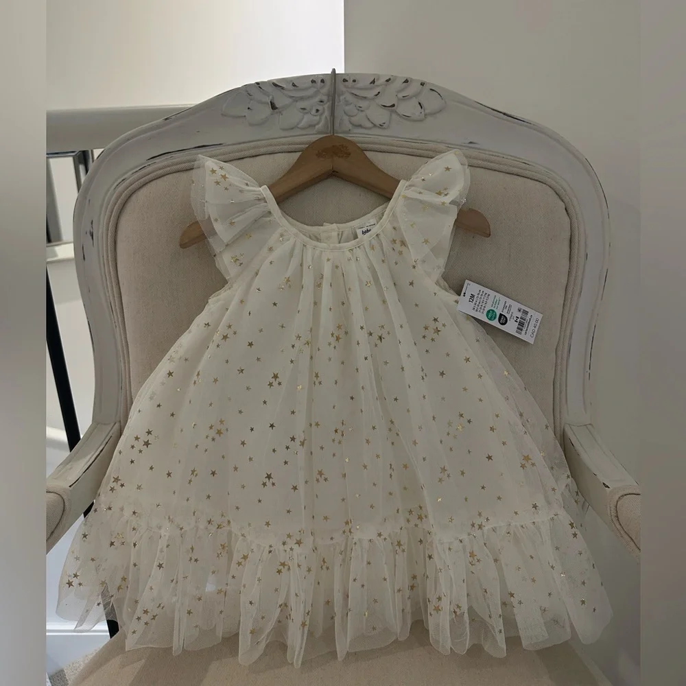 🦢 12 Mth Oshkosh Ivory Tulle Fancy Dress with Gold Star Details NWT - Picture 12 of 14